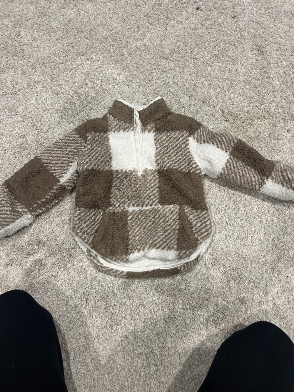 Little Bipsy Brown (Latte) & White Plaid Sherpa Half-Zip Jacket